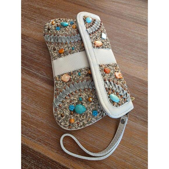 Mary Frances Clutch Womens Medium Ivory Turquoise Stones Boho Southwestern Chic - Picture 2 of 10
